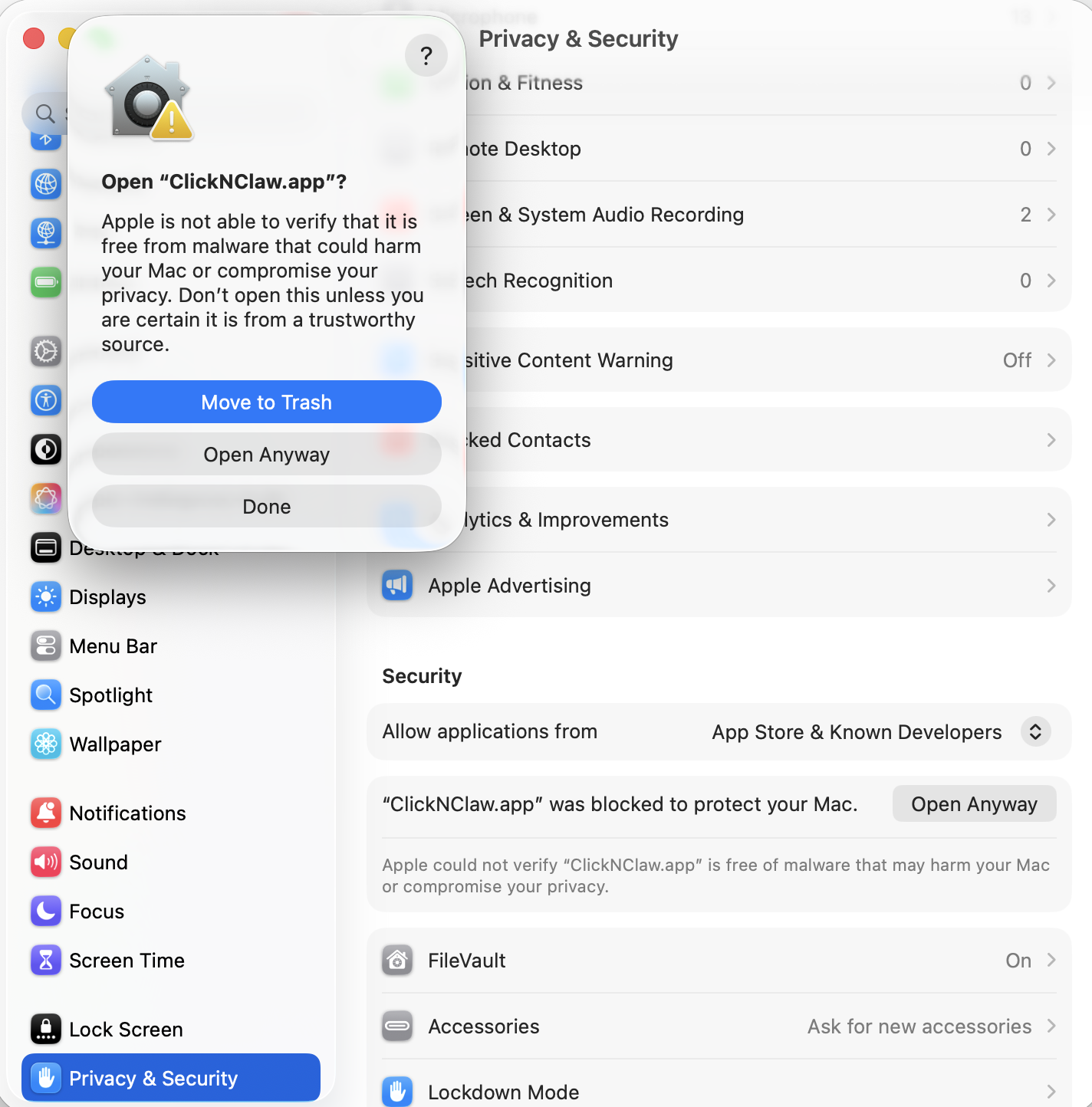 macOS Privacy & Security showing Open Anyway for ClickNClaw.app