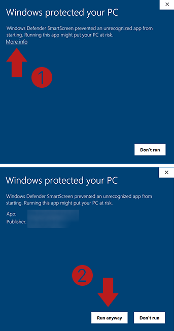 Windows SmartScreen prompt showing More info then Run anyway